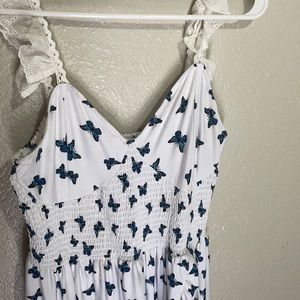 Long White Ruffle Strap White Dress With Blue Butterflies